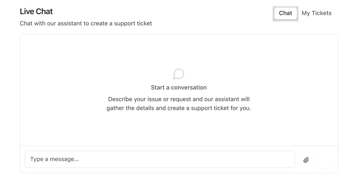 The Live Chat panel, where a client describes an issue and the assistant gathers details and creates a support ticket