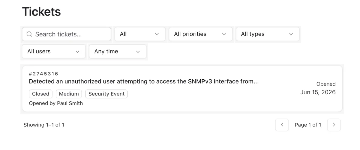 The Tickets view: search and filters above a ticket showing its number, status, priority, type, and who opened it